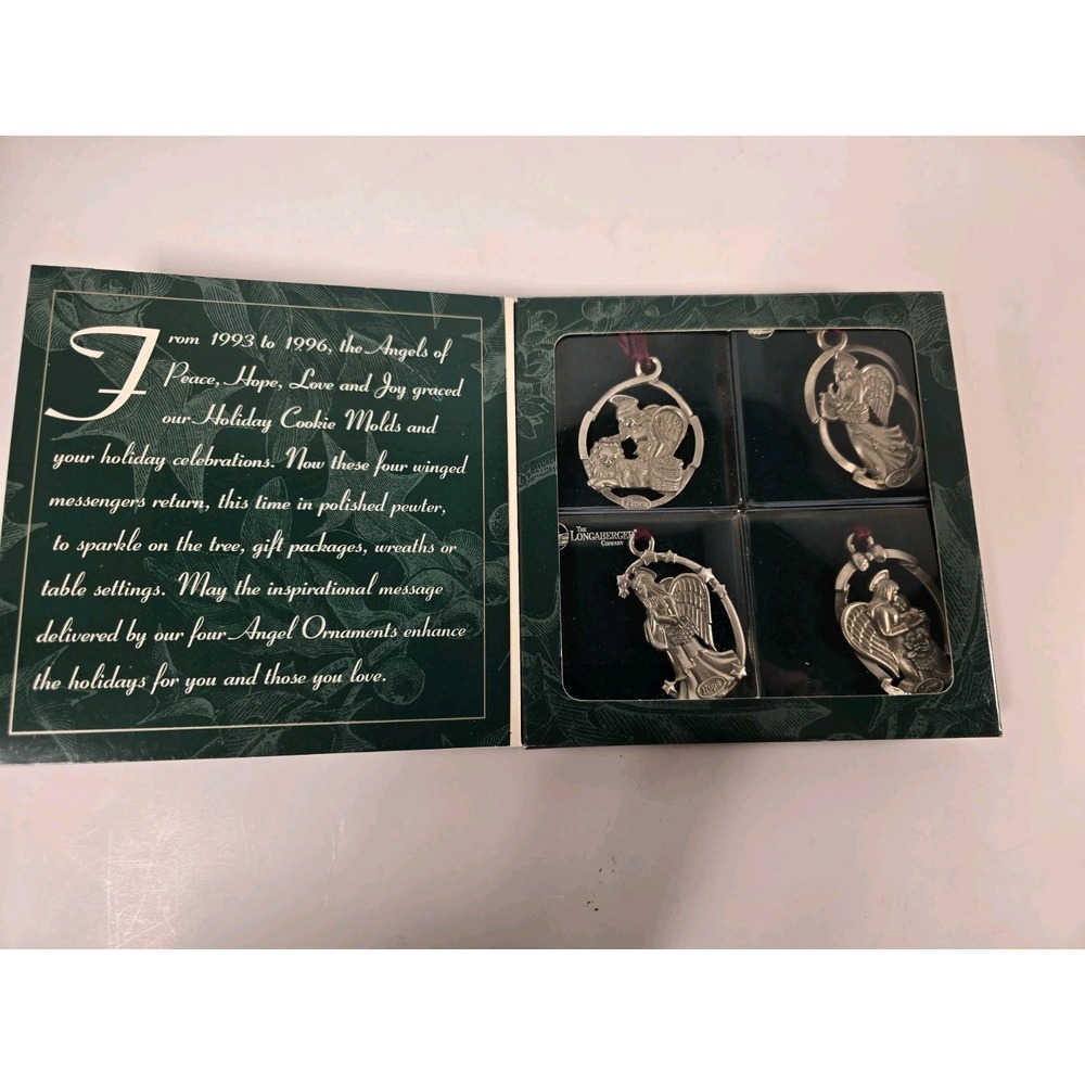 Longaberger Pewter Angel Ornament Set - Peace Hope‎ Love Joy - Item #71757 1998